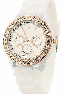 Fashion Silicone Golden Crystal Stone Quartz Ladies Jelly Wrist Watch White