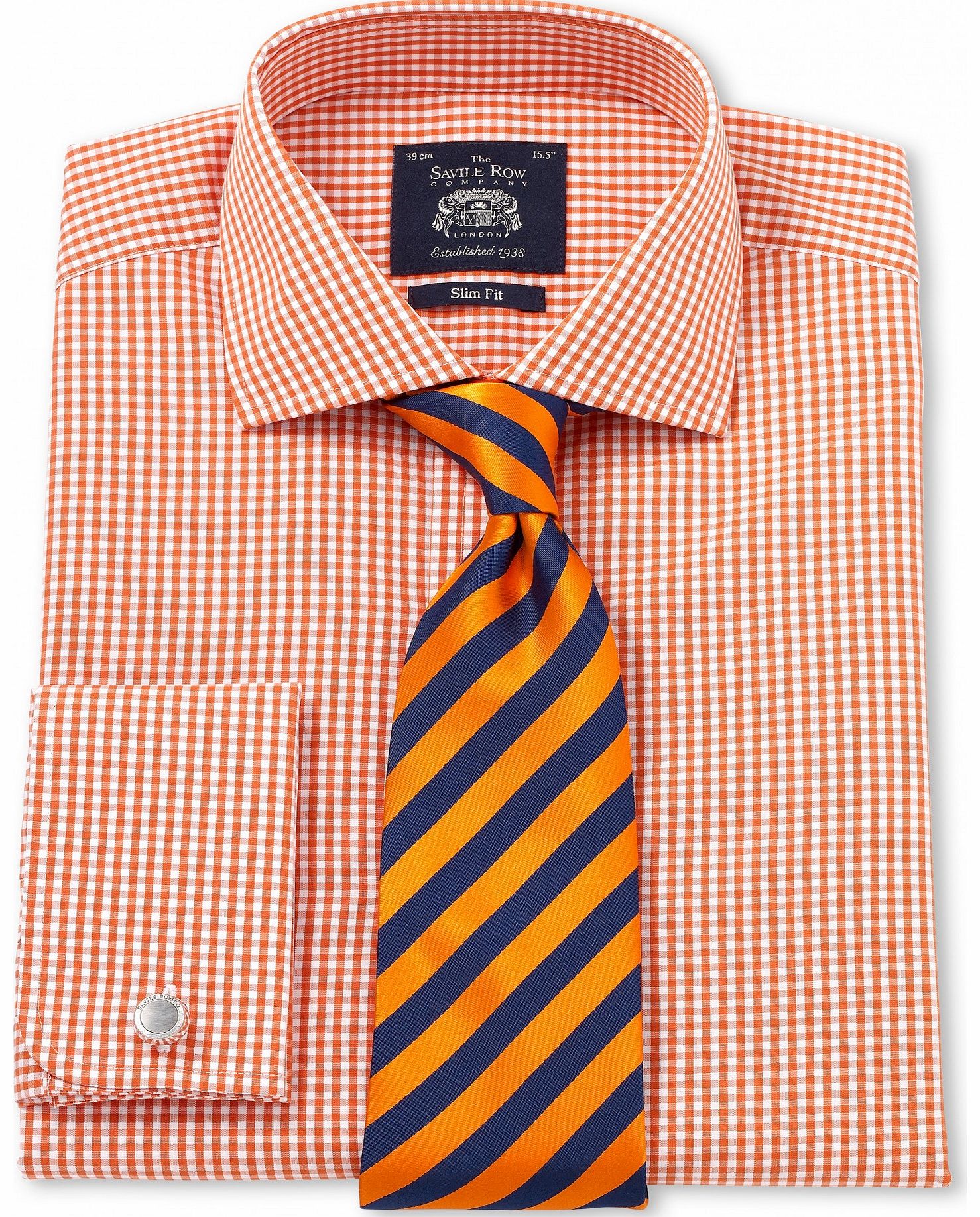 Orange White Poplin Gingham Slim Fit Shirt 16