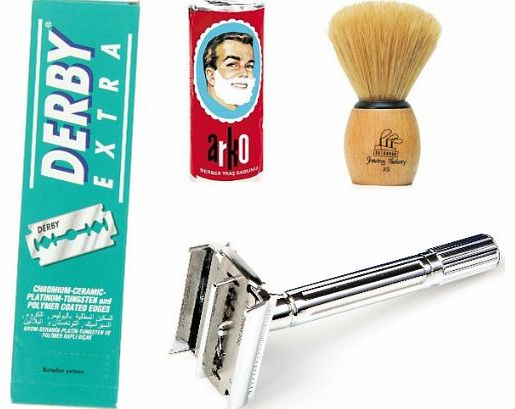 Shaving Factory SF289 with Shaving Factory Double Edge Safety Razor, Shaving Factory Hand Made Shaving Brush (XS size), Arko Shaving Soap and 100 Derby Extra Double Edge Razor Blades