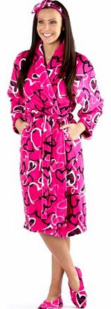 Ladies Gift Box Set Fleece Bathrobe Headband & Slippers In Heart Print 14-16 M/L