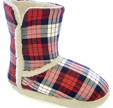 Ladies SlumberzzZ Plaid Tartan Print Boot Style Slipper FT0789 UK 5-6 Red