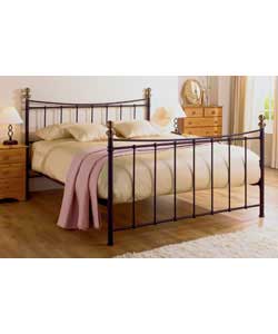 Headboard and footboard in a black powder coated finish with brass effect finials. Size (W)162.7, (L