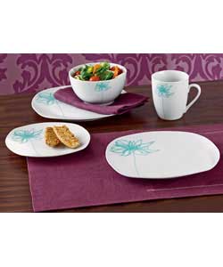 Flora 16 Piece White and Teal Porcelain Dinner Set