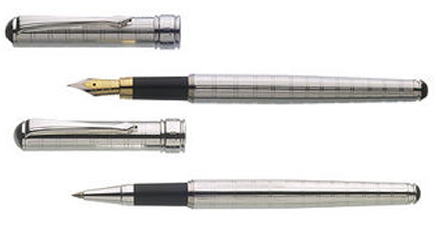 Two stunning hand-crafted silver writing instruments with fine-line design detail; a fountain pen an