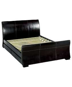 Dark brown leather, wood and metal bedstead complete with 4 underbed storage drawers. Size (W)192, (