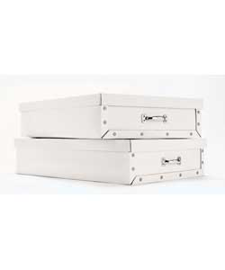 Quality high gloss white card boxes with metal handles. Packed flat for easy home assembly. Size