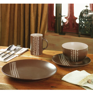 Sienna 16 piece dinner set combines a rich chocolate brown matt glaze with textured tribal