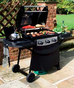 Composition stainless steel hood, firebox, cart, plastic side tables, left w/side burner.Piezo ignit