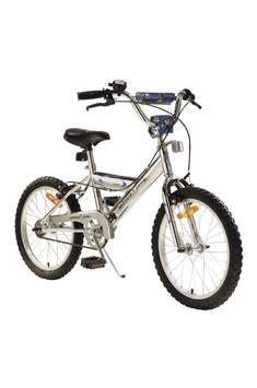 Oversize Y-style frame. High rise BMX handlebars. Handlebar and stem pads. Alloy wheels. Stabilisers