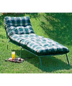 Tubular steel frame.Green check deep buttoned cushion.Adjustable multiposition backrest.Folds flat f