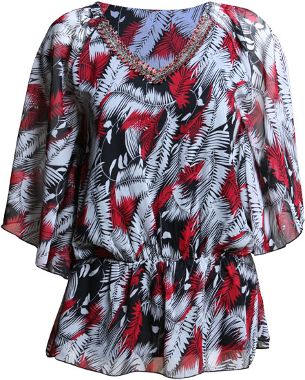 Leaf print chiffon tunic with jewel detailed neckline. 100 polyester 79cm length