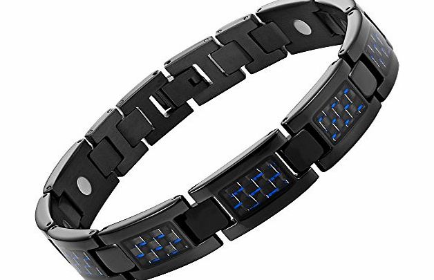 Mens Black Titanium Magnetic Bracelet With Blue Carbon Fibre In Black Velvet Gift Box + Free Link Removal Tool