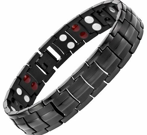 Mens New Four Element All Black Titanium Double Row Magnetic Bracelet In Black Velvet Gift Box + Free Link Removal Tool