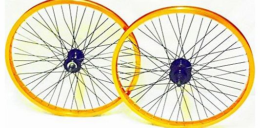 MICRO 48 SPOKE DRIVE BMX WHEELS , 9T DRIVER REAR, ANNODISED ORANGE RIMS, QUANDO HUBS (PAIR)