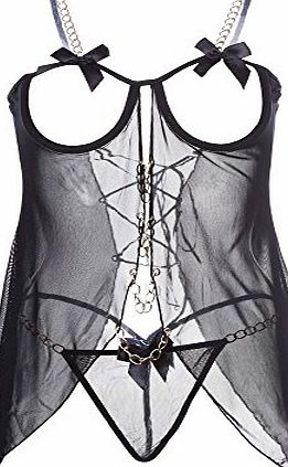 Zeagoo Women Sexy Bow Sheer Mesh Lingerie Dress Strap Golden Chain Sleepwear G-string